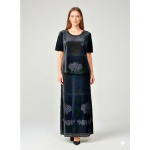 Rare Velvet Skirt Set Black Vampire Dark Gothic Sexy lace embossed rose L/XL